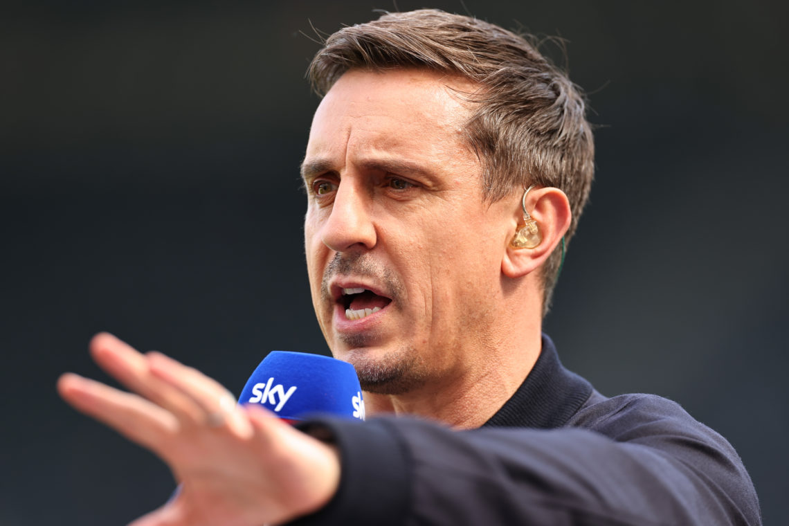 NEWCASTLE, ENGLAND - MAY 7: Gary Neville working as a TV pundit for Sky Sports ahead of the Premier League match between Newcastle United and Arsen...