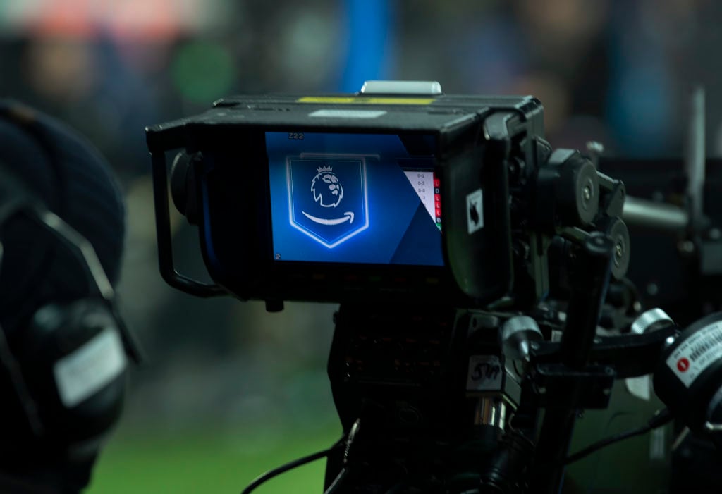 The Premier League logo on a television camera filming for Amazon Prime before the Premier League match between Everton  and  Liverpool at Goodison...