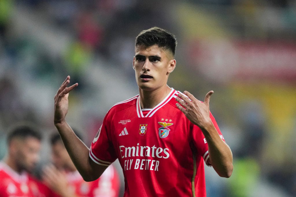 António Silva of Benfica gestures during Supercopa de Portugal match between SL Benfica and FC Porto at Estadio Municipal de Aveiro on August 9, 20...