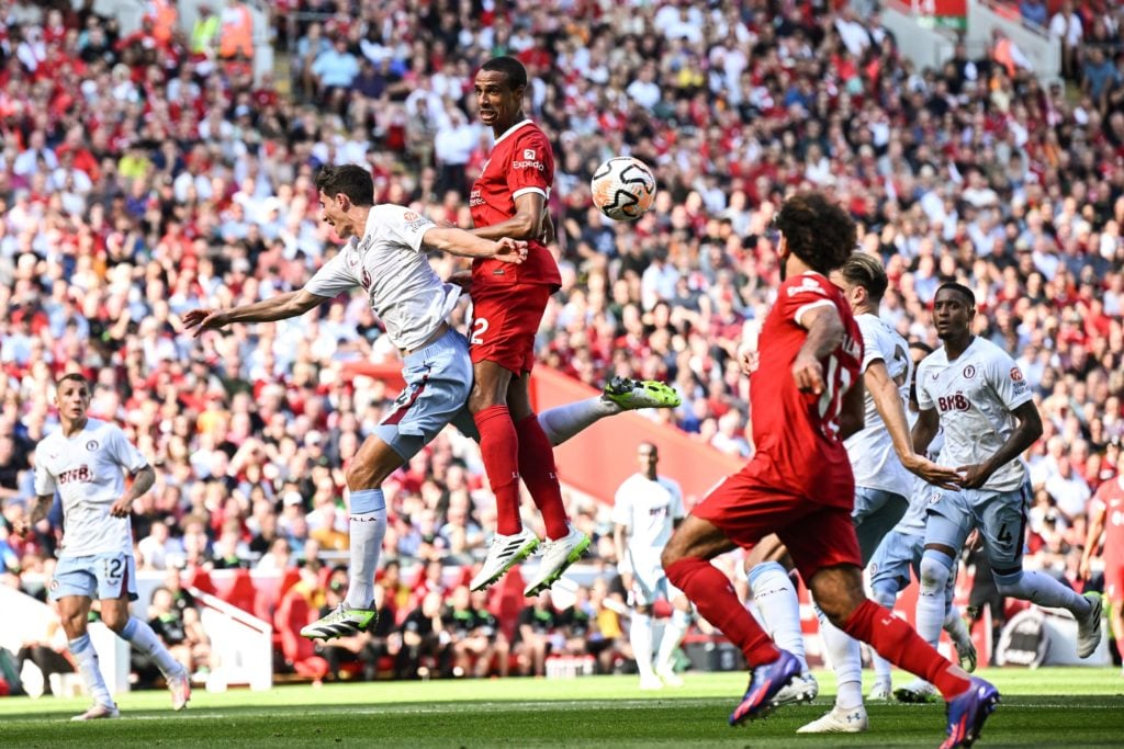 Aston Villa defender Pau Torres in action vs Liverpool defender Joel Matip amid worst Premier League 23/24 season so far XI claim