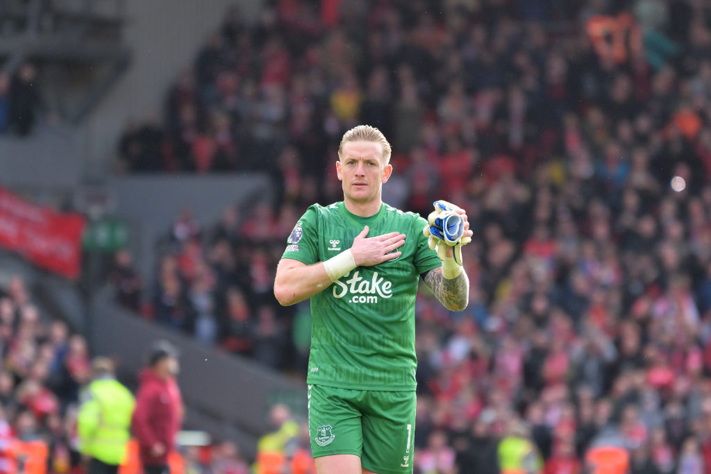 Jordan Pickford of Everton reacts after the Premier League match between Liverpool FC and Everton FC at Anfield on October 21, 2023