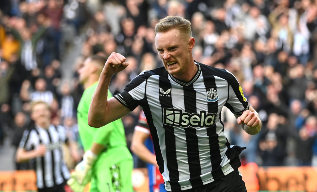 Newcastle player Sean Longstaff celebrates after scoring the third goal during the Premier League match between Newcastle United and Crystal Palace at St. James Park on October 21, 2023