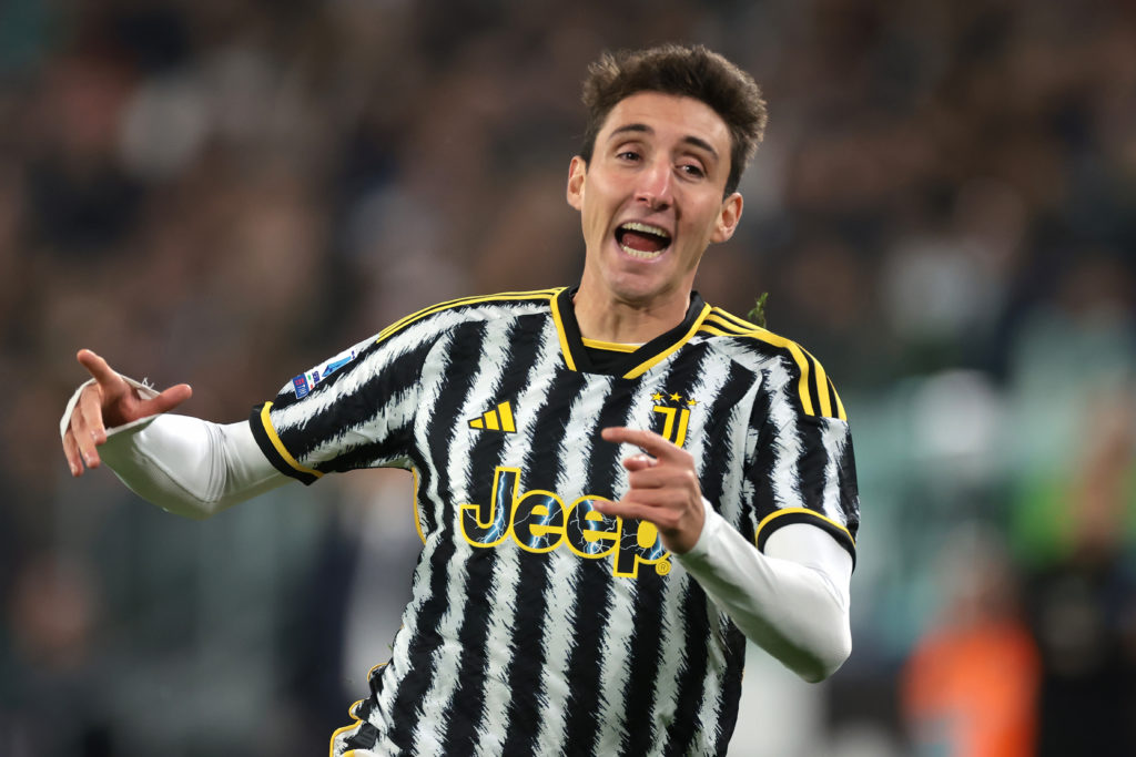 Juventus's goalscorer Andrea Cambiaso reacts during the Serie A TIM match between Juventus and Hellas Verona FC at  on October 28, 2023 in Turin, I...