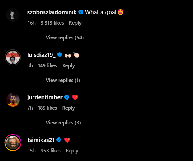 Screengrab of replies under Ryan Gravenberch's Instagram post