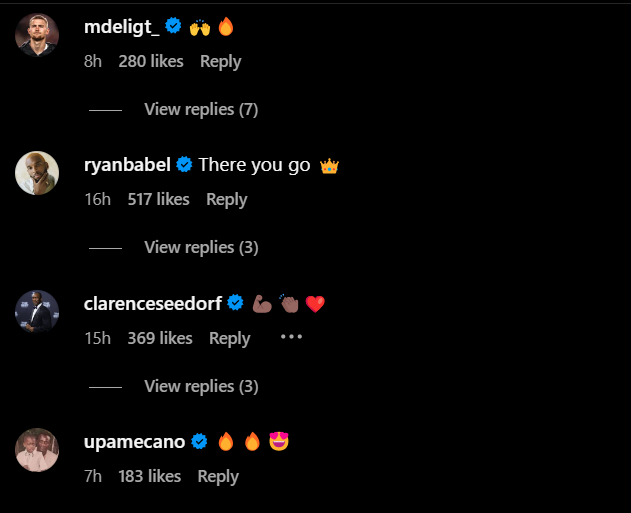 Screengrab of replies under Ryan Gravenberch's Instagram post