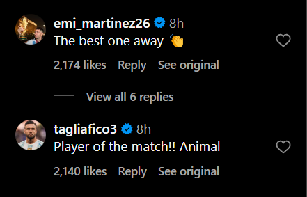 Screengrab of Emi Martinez and NIcolas Tagliafico's reply under Alexis Mac Allister's's Instagram post