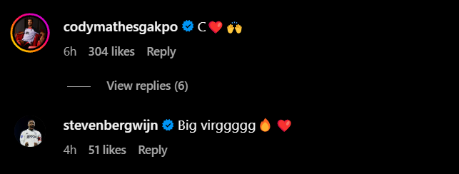 Screengrab of replies under Virgil van Dijk's Instagram post