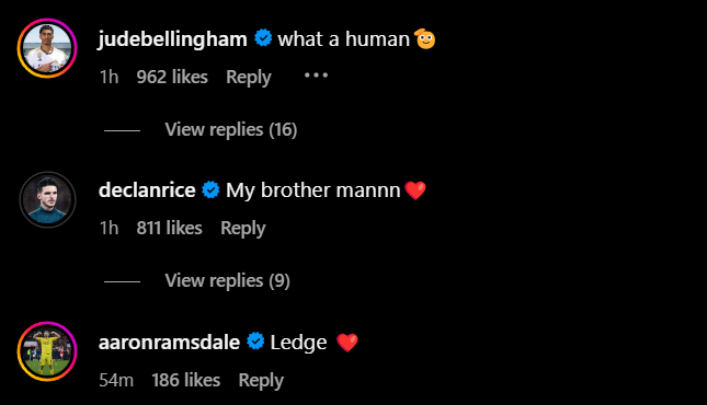 Screebgrab of replies under James Maddison's Instagram post