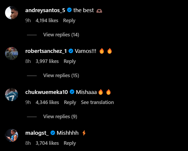 Screengrab of replies under Mykhaylo Mudryk's Instagram post