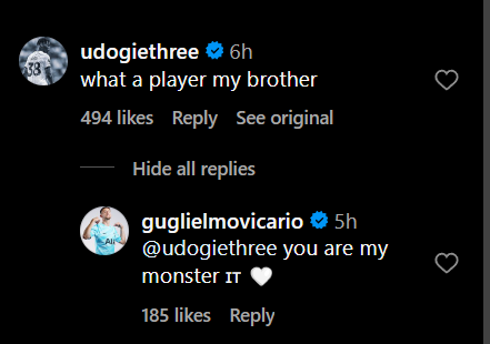 Screengrab of Tottenham's Destiny Udogie and Guglielmo Vicario's exchange on Instagram
