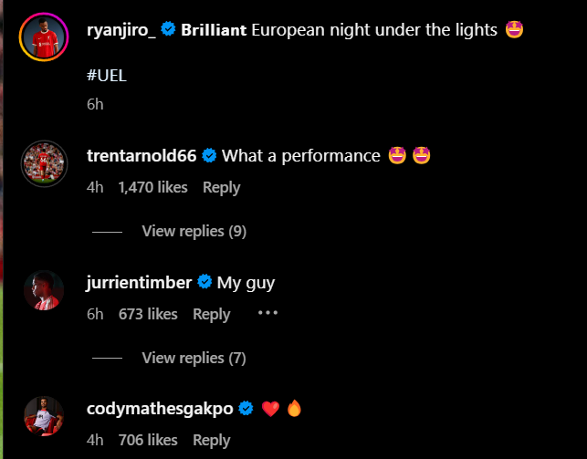 Replies under Liverpool star Ryan Gravenberch's Instagram post