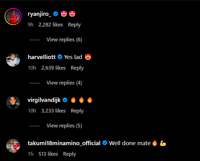 Replies under Liverpool star Wataru Endo's Instagram post