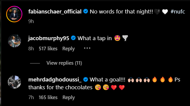 Screengrab of replies under Fabian Schar's Instagram post