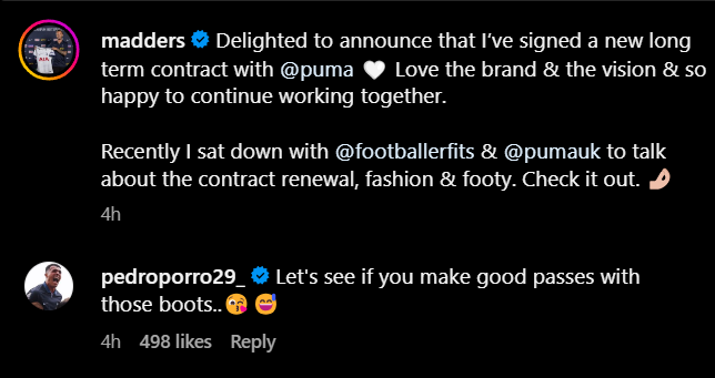 Screen grab of Pedro Porro's reply to James Maddison's Instagram post