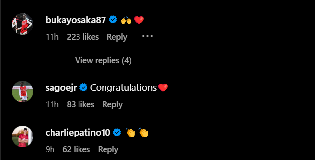 Screengrab of Bukayo Saka, Charles Sagoe Jr and Charlie Patino's replies under Myles Lewis-Skelly's Instagram post