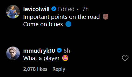 Screengrab of Mykhaylo Mudryk's reply to Levi Colwill's Instagram post
