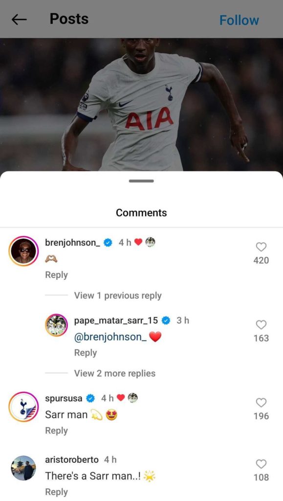 Tottenham Hotspur ace Brennan Johnson hails Pape Matar Sarr on Instagram