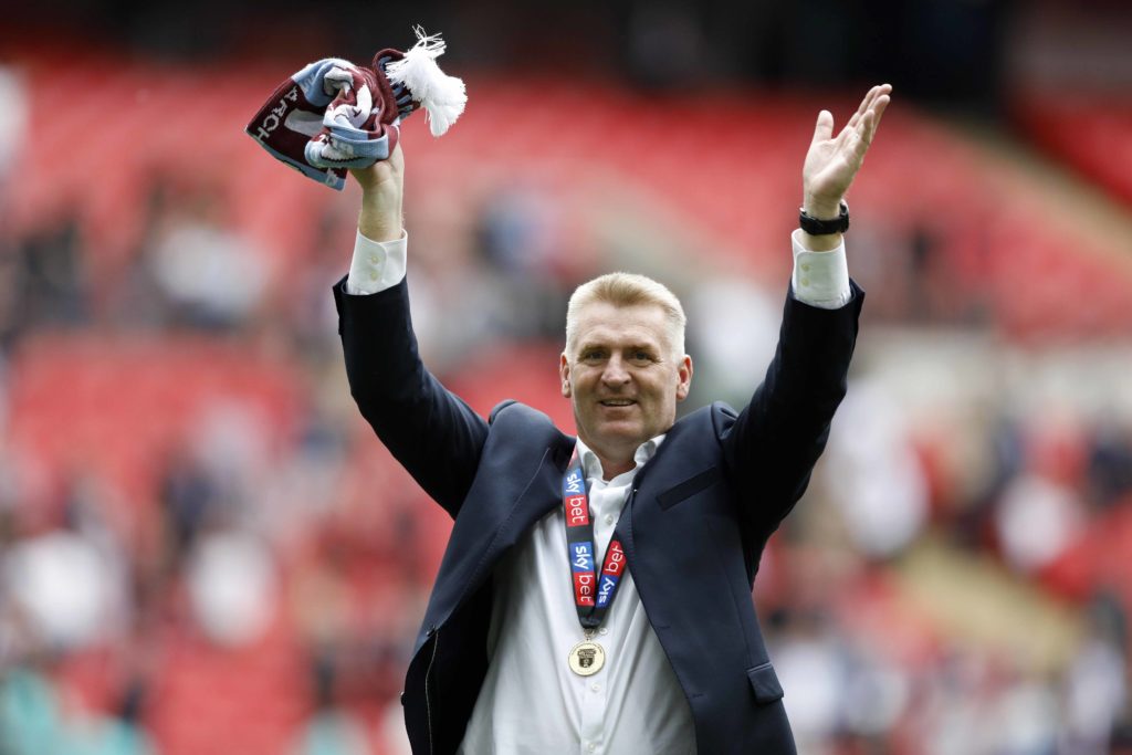 Dean Smith celebrates winning the Championship play-off final for Aston Villa