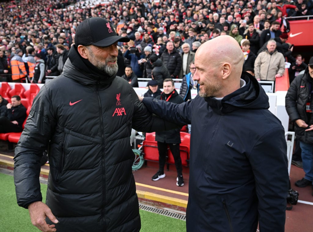(THE SUN OUT.THE SUN ON SUNDAY OUT )  Jurgen Klopp manager of Liverpool with Manchester United's manager Erik ten Hag	before the Premier League mat...