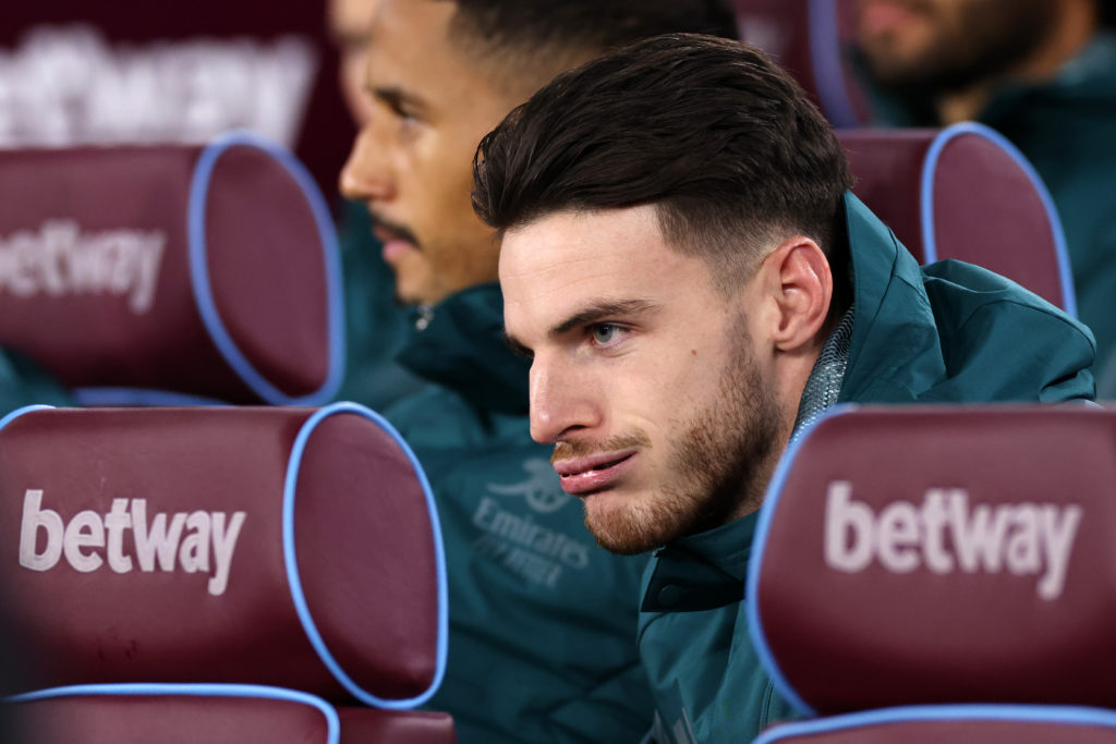 Mikel Aretat reacts to West Ham fans booing Arsenal's Declan Rice