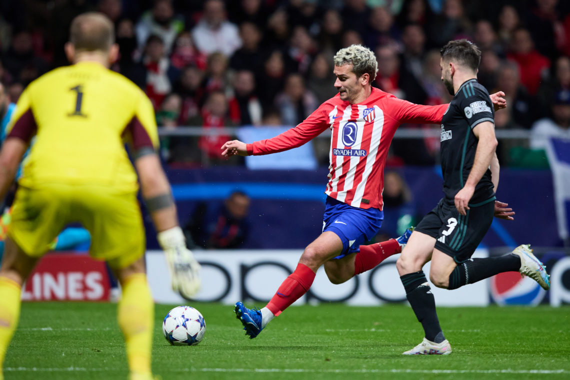 Antoine Griezmann of Atletico de Madrid attempts a kick during the UEFA Champions League match between Atletico Madrid v Celtic in Madrid, Spain, o...