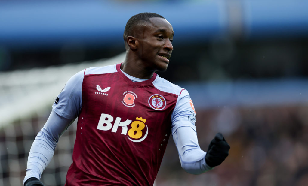 Moussa Diaby of Aston Villa in action during the Premier League match between Aston Villa and Fulham FC at Villa Park on November 12, 2023 in Birmi...