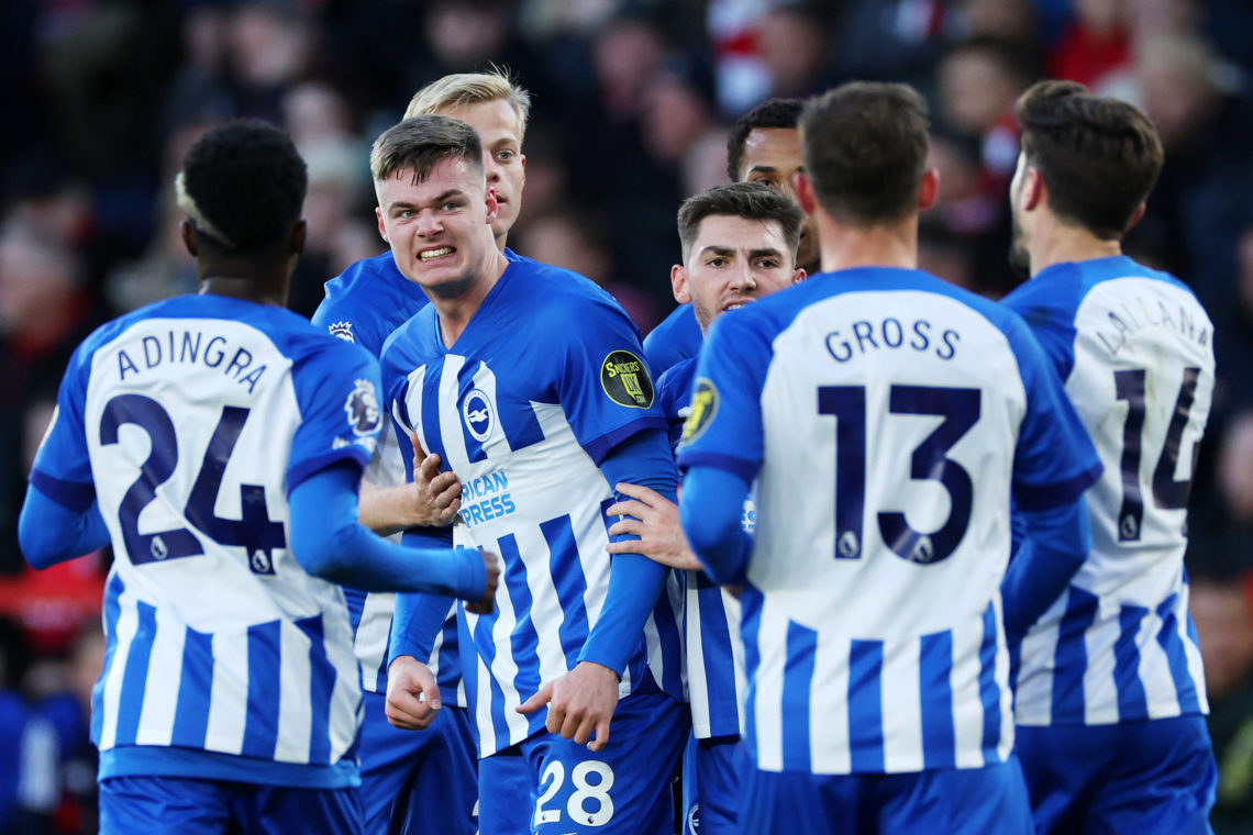 Evan Ferguson of Brighton & Hove Albion celebrates with teammates after scoring the team's first goal during the Premier League match between N...