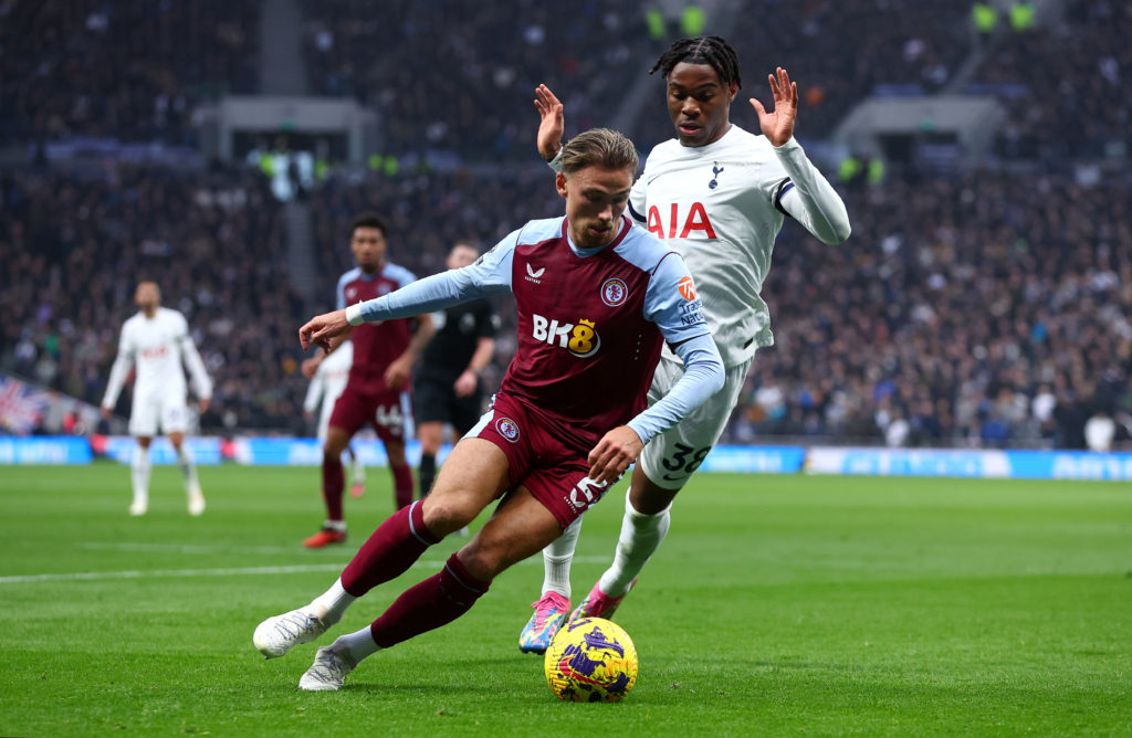 Matthew Cash of Aston Villa and Destiny Odogie of Tottenham Hotspur in action  during the Premier League match between Tottenham Hotspur and Aston ...