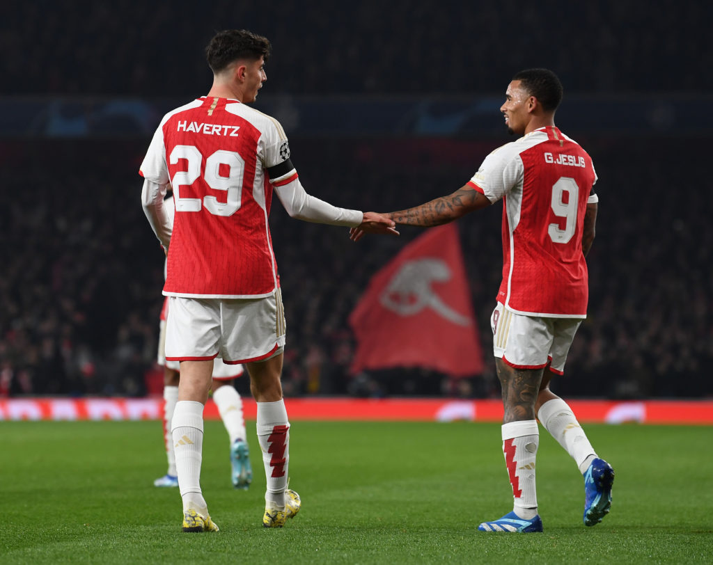 Kai Havertz celebrates scoring Arsenal's 1st goal with Gabriel Jesus during the UEFA Champions League match between Arsenal FC and RC Lens at Emira...