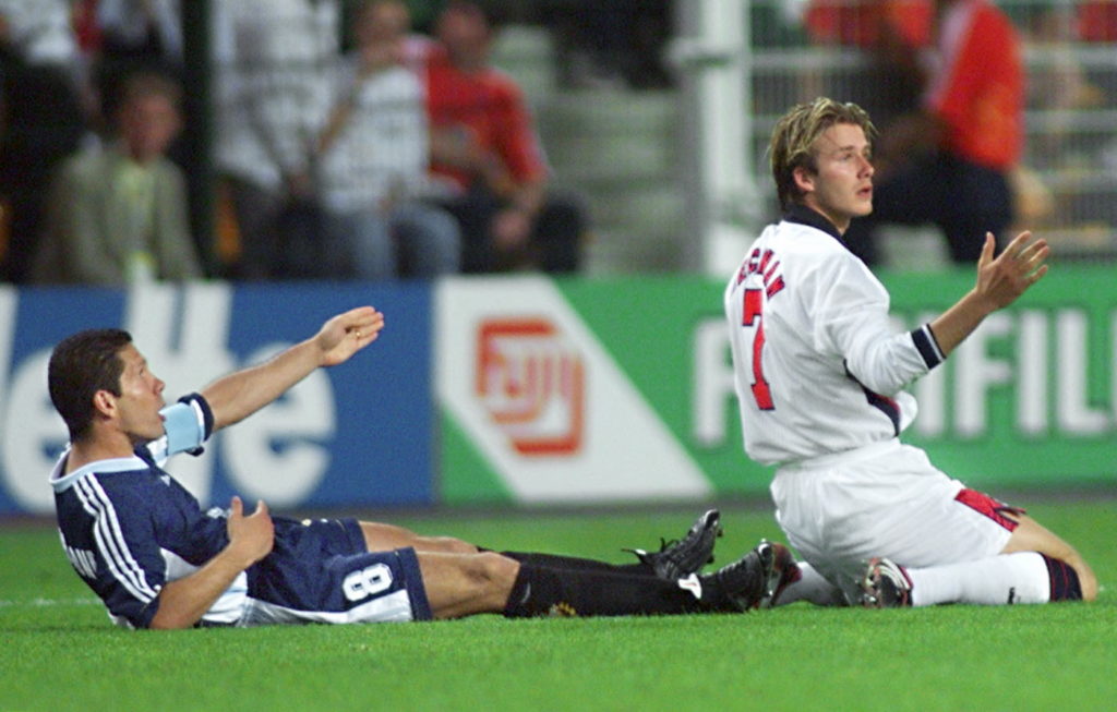 English midfielder David Beckham receives red card against Argentina at 1998 World Cup amid Glenn Hoddle responding to Netflix accusations 