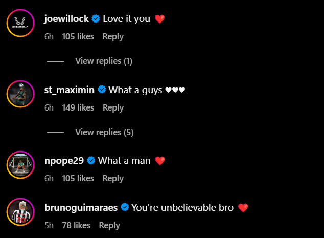 Screengrab of replies under Newcastle star Emil Krafth's Instagram post