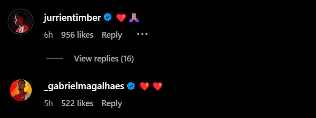 Screengrab of replies under Arsenal star Leandro Trossard's Instagram post