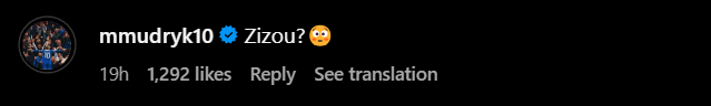 Screengrab of Mykhaylo Mudryk's reply under Arsenal's Oleksandr Zinchenko's Instagram post