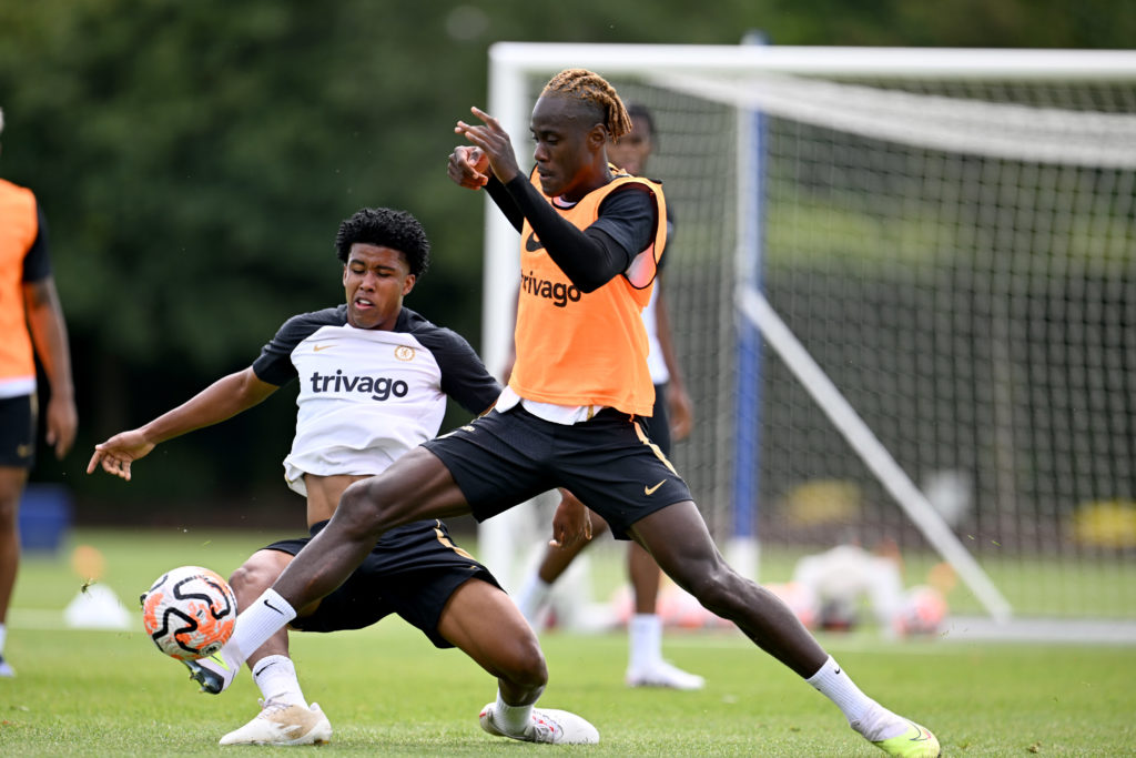 Andrey Santos and Trevoh Chalobah of Chelsea during a training session at Chelsea Training Ground on July 11, 2023 in Cobham, England.