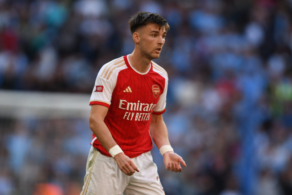 Kieran Tierney of Arsenal in action during The FA Community Shield match between Manchester City and Arsenal at Wembley Stadium on August 6, 2023 i...
