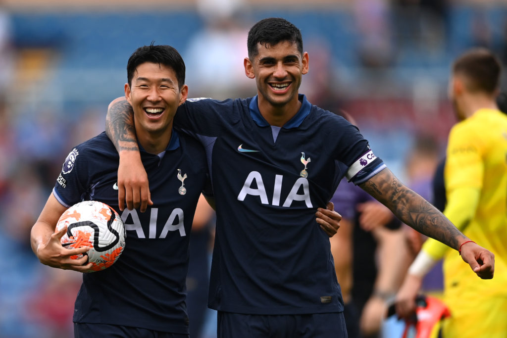 Son Heung-min and Cristian Romero after Burnley FC v Tottenham Hotspur - Premier League
