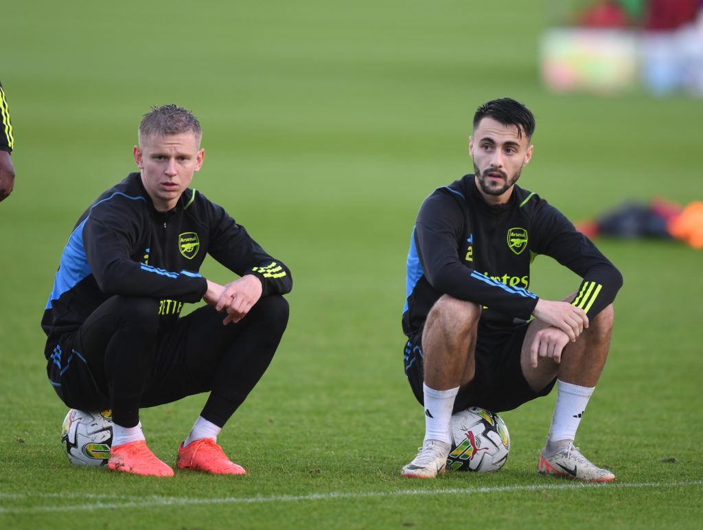 Oleksandr Zinchenko and Fabio Vieira looking on during an Arsenal Training Session
