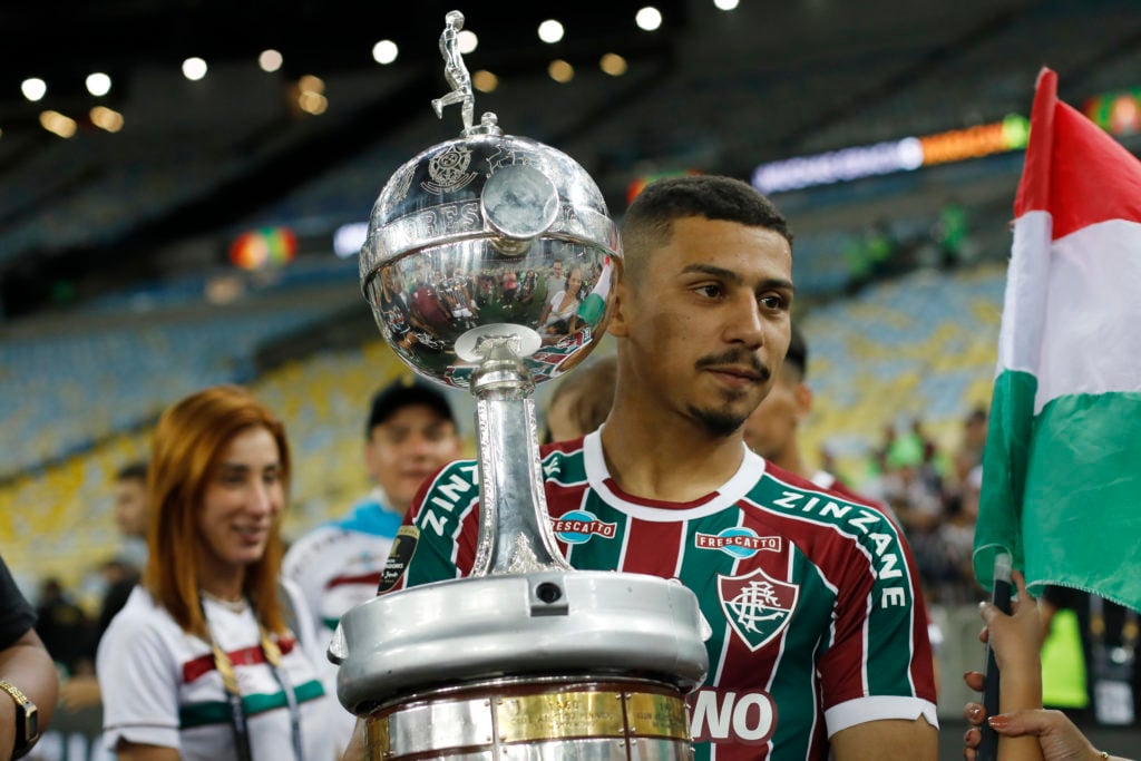 Andre of Fluminense  holds the trophy as the team becomes champions after winning the final match of Copa CONMEBOL Libertadores 2023 between Flumin...