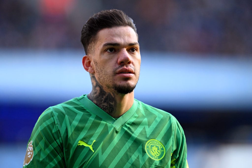 Ederson of Manchester City looks on during the Premier League match between Manchester City and Liverpool FC at Etihad Stadium on November 25, 2023...