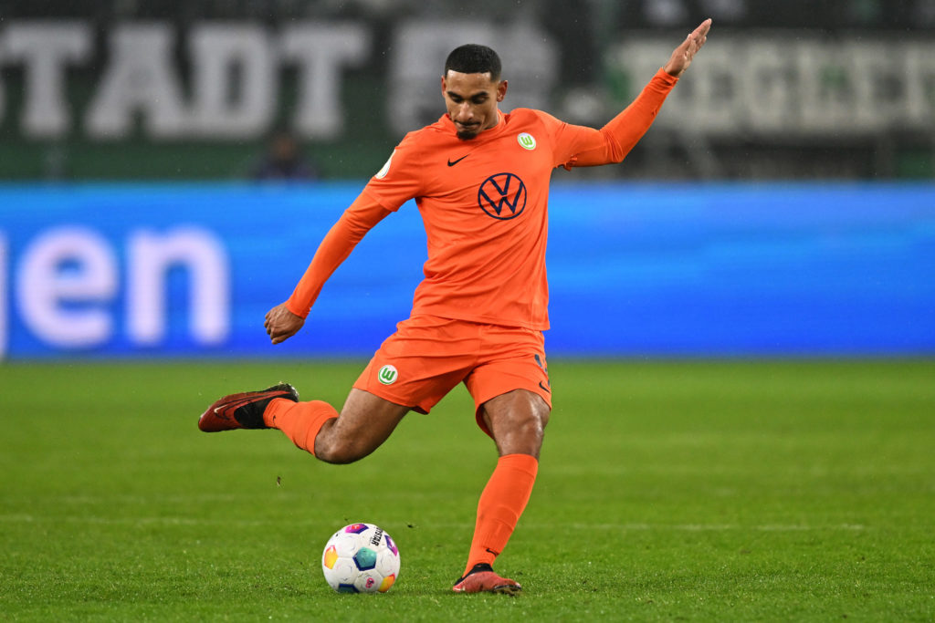 Maxence Lacroix of Wolfsburg controls the ball during the DFB cup round of 16 match between Borussia Mönchengladbach and VfL Wolfsburg at Borussia ...