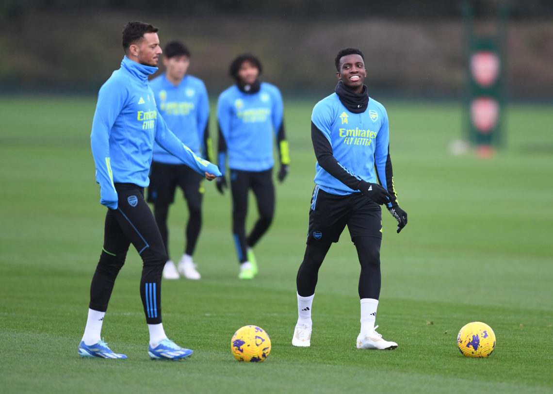 L-R0 Ben White and Eddie Nkektiah of Arsenal during a training session at London Colney on December 30, 2023 in St Albans, England. (Photo by Stuart MacFarlane/Arsenal FC via Getty Images