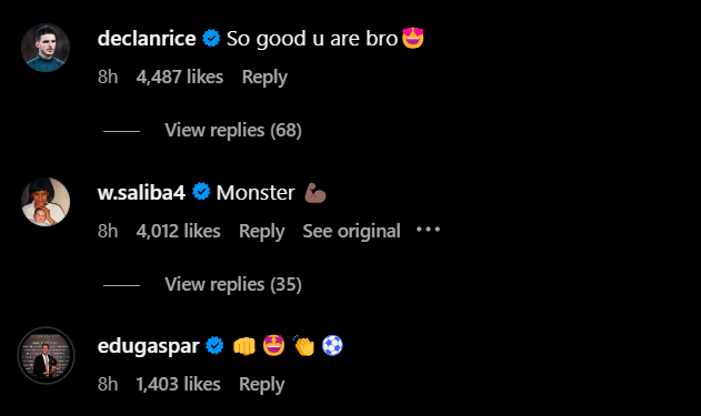 Reolies under Arsenal defender Gabriel Magalhaes' Instagram post ft. Declan Rice and William Saliba