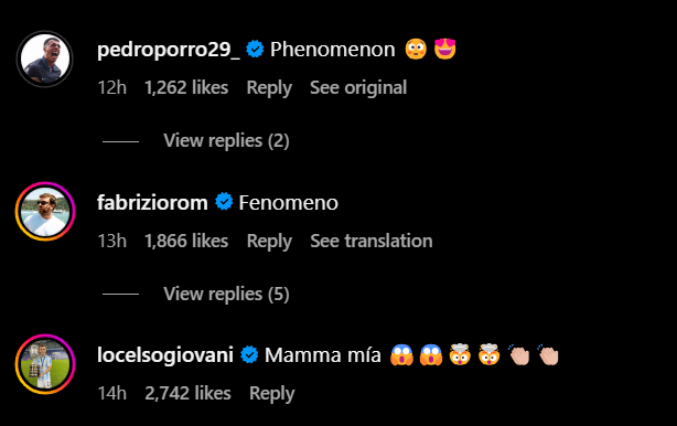 Reolies under Tottenham's Guglielmo Vicario's Instagram post ft. Pedro Porro and Giovani Lo Celso
