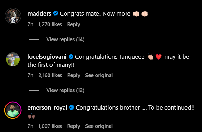 Replies under Tottenham's Alejo Veliz's Instagram post featuring James Maddison