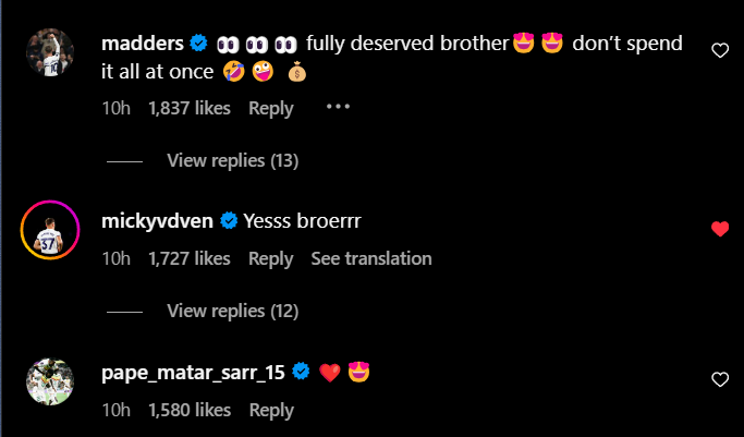 Screengrab of replies under Tottenham star Destiny Udogie's Instagram post