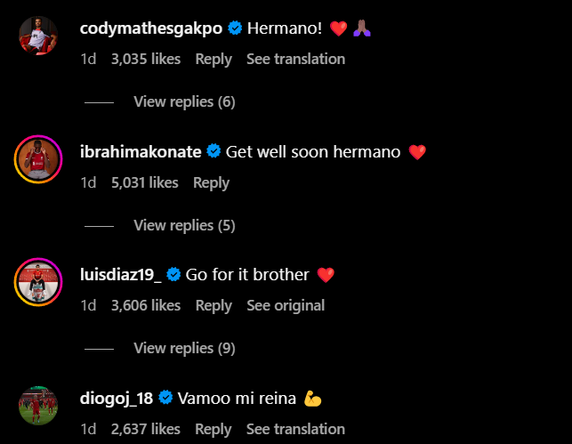 Screengrab of replies under Liverpool's Alexis Mac Allister's Instagram post