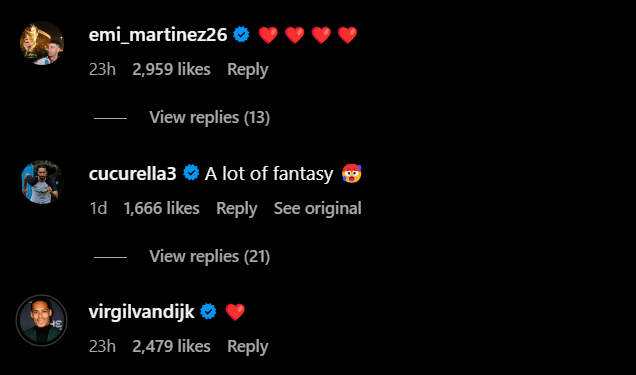 Screengrab of replies under Liverpool's Alexis Mac Allister's Instagram post