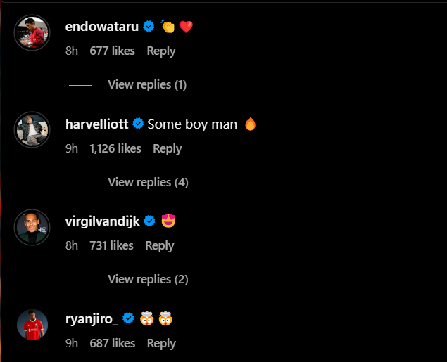 Replies under Curtis Jones' Instagram post