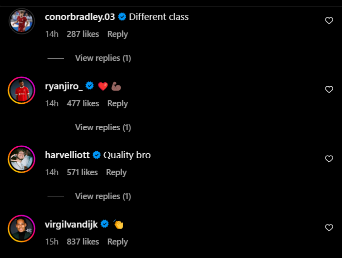 Screengrab of replies under Liverpool's Jarell Quansah's Instagram post