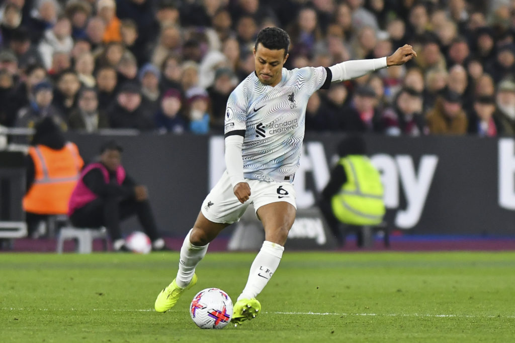 Thiago Alcantara of Liverpool in action during the Premier League match between West Ham United and Liverpool at the London Stadium, Stratford on W...